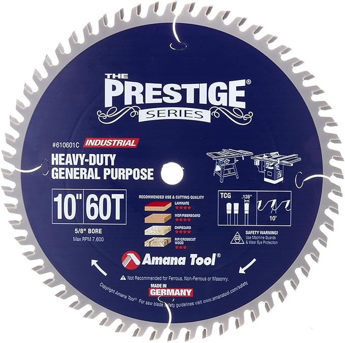 Amana Tool 610601C Carbide Tipped Prestige General Purpose 10 Inch D x 60T TCG, 10 Deg, 5/8 Bore Circular Saw Blade
