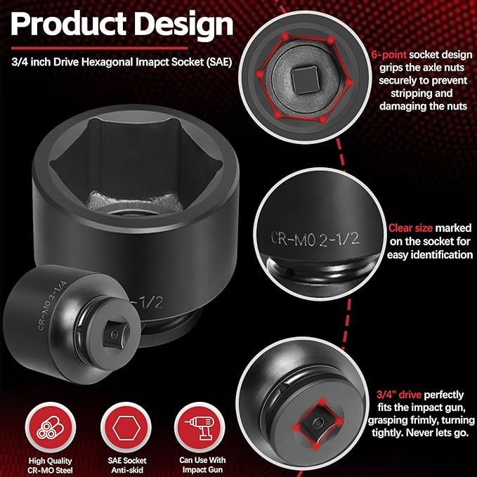 3/4'' Drive Spindle Axle Nut Impact Socket Set, 8 Pack Large Impact Socket Set, Axle Nut Socket Set, 6 Point SAE Size 2-1/16" to 2-1/2", For Wheel Hub Axle Nut Removal and Installation
