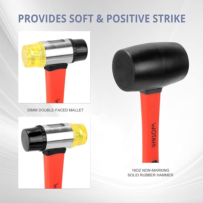 2-Piece Hammer Set - 16 oz Rubber Mallet Hammer and 35 mm Double-Faced Soft Hammer with Solid Head and Soft Grip Fiberglass Handle,2 Piece Rubber Mallet Set
