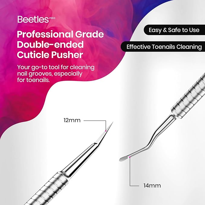Beetles Pro 1-Pcs Dual-Ended Cuticle Pusher, Stainless Steel Pointed Tip (12mm) and Cuticle Scoop (14mm) for Precise Cuticle Care, Ergonomic Anti-Slip Handle, Professional Manicure Tool for Nail Care