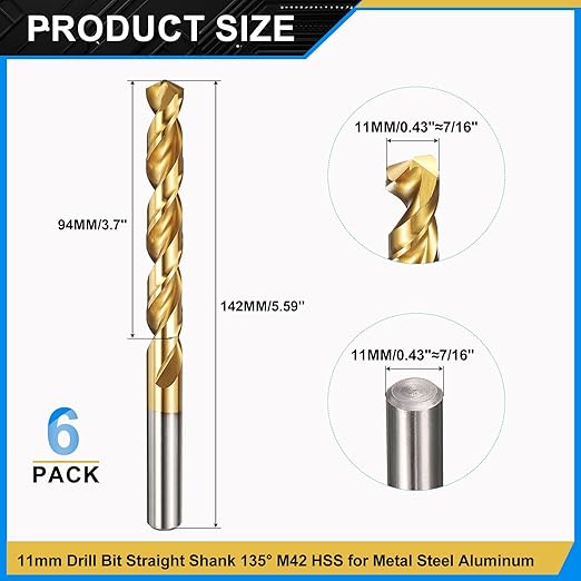 PATIKIL 11mm Drill Bit, M42 8% Cobalt High-Speed Steel Jobber Straight Shank 135° Titanium Nitride (TiN) Coated for Hard Metal Stainless Steel - 6 Pack