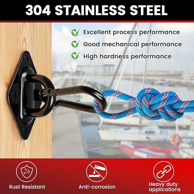 sprookber 304 Stainless Steel Pad Eye Snap Hooks, M6 Heavy Duty Ceiling Hooks, 800 lb Capacity Hammock Swing Hanging kit, Plant Hangers, Marine Hardware Staple Hook Loop with Screws, Set of 8(Black)