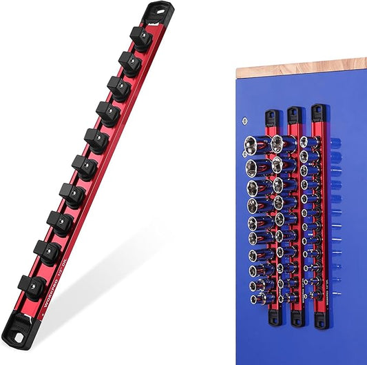 WORKPRO Magnetic Socket Organizer, 1/2" Drive Aluminum Alloy Socket Holder with 10 PC Removable Socket Clips for Quick Customization, Socket Rail for Tool Box Drawer (Sockets Not Included)