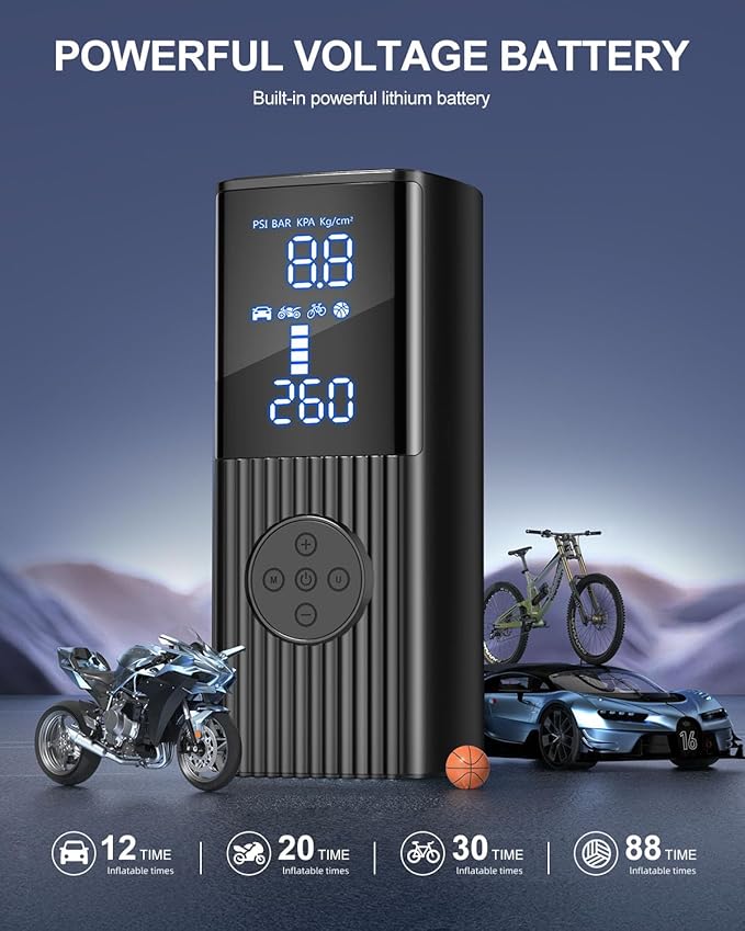 Tire Inflator Portable Air Compressor, 180PSI Cordless Air Pump with Digital Gauge, LED Light and Auto Shut-Off Function, 3X Faster Air Compressor for Car, Motorcycle, Bicycle, Ball