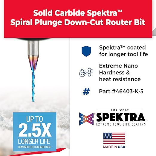 Amana Tool 46403-K-5, 5-Pack SC Spektra Extreme Tool Life Coated Spiral Plunge 1/16 Dia x 1/2 CH x 1/4 SHK 2 Inch Long Down-Cut Router Bits