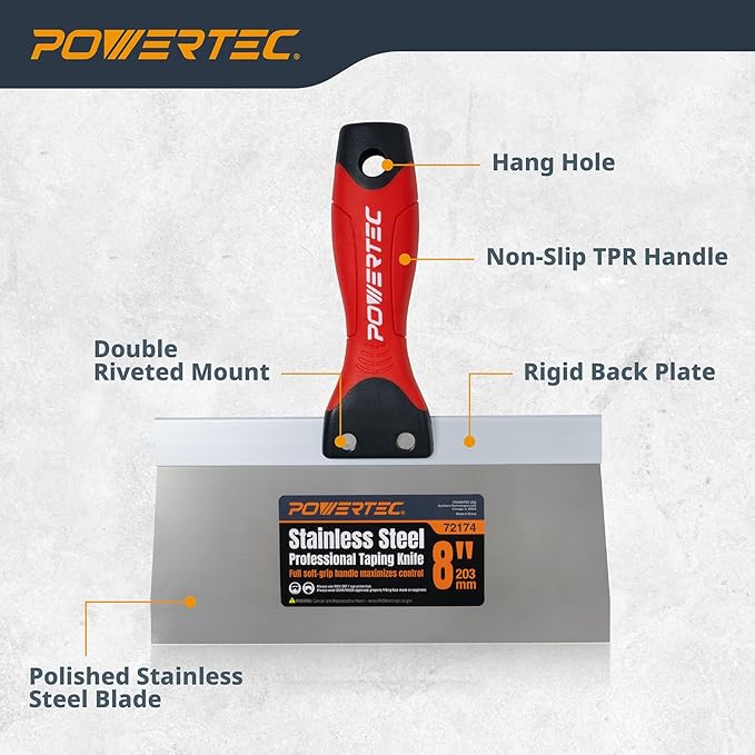 POWERTEC Drywall Knife Set, 5 Pcs Stainless Steel Taping Knives, 6",8",10", 12",14" Drywall Joint Taping, Finishing & Patching (72174)