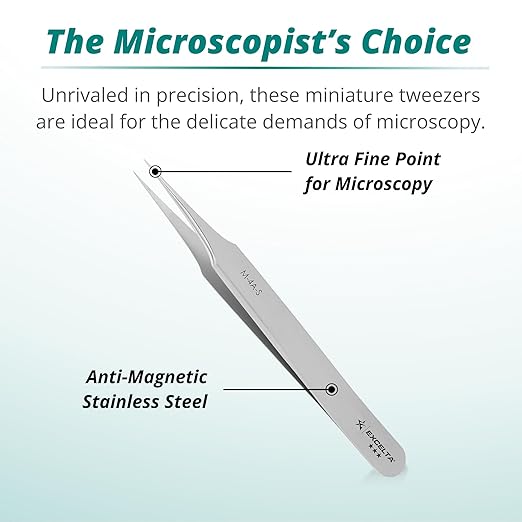 Excelta Mini Precision Tweezers, Straight Tapered Ultra Fine Point, Stainless Steel, Finest Points for Microscopy, 3.5" Length, Professional