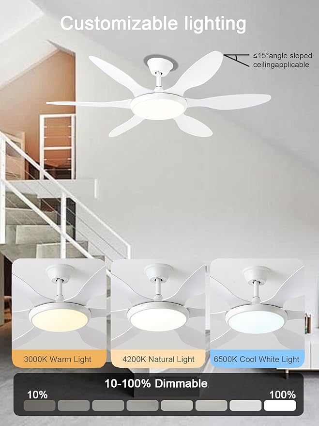 White Ceiling Fans with Lights, 51 Inch Ceiling Fan with Light and Remote Control, Reversible, 3CCT, Dimmable, Noiseless, LED Ceiling Fan for Bedroom, Living Room, Indoor/Outdoor Use