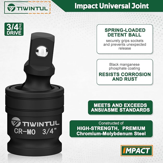 3/4 Inch Drive Universal Impact Joint, 1/2" to 3/4" Impact Adapter, 1" to 3/4" Impact Reducer, CR-MO, Impact Swivel Socket Set, 3-Piece, Meets ANSI Standards, for Mechanics & Industrial