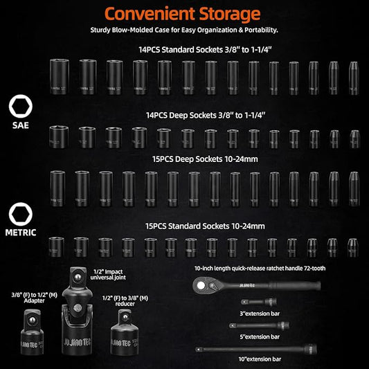 1/2" Drive Master Impact Socket Set, 65 Piece, with Adapters & Ratchet Handle, Standard SAE (3/8"-1-1/4") & Metric (10-24 mm) Sizes, Deep & Shallow Kit, Cr-V Steel, with Molded Case