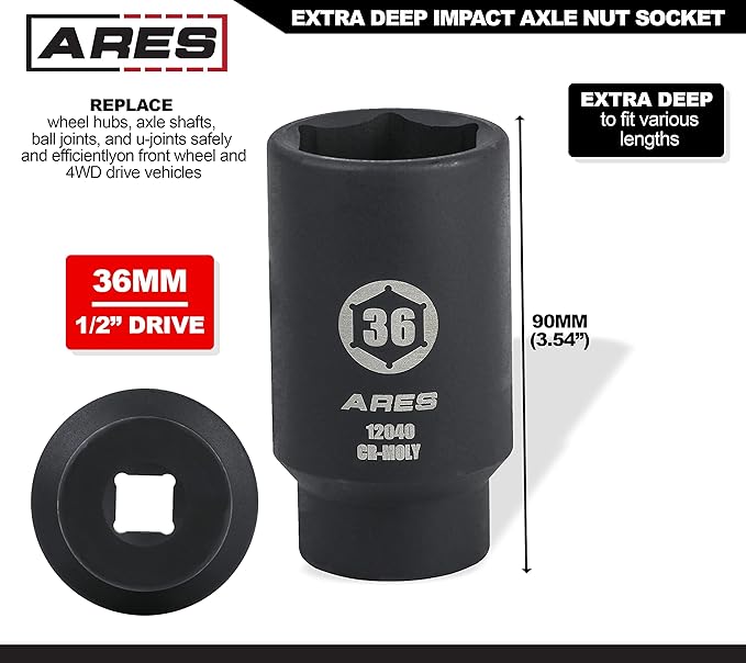 ARES 12040-36MM Axle Nut Socket - 6 Point Socket - Extra Deep 1/2-Inch Drive Impact Socket for Easy Removal of Axle Shaft Nuts
