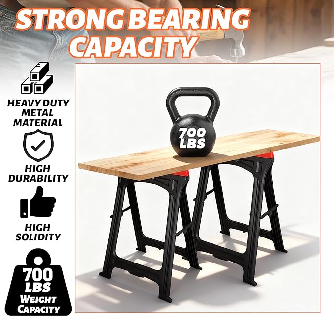 ZYJOYY Saw Horses 2 Pack Folding- 700LBS/Pair Capacity Heavy Duty Sawhorses, Weather-Resistant PP Folding Sawhorse Pack of 2, Portable Workhorse for Woodworking & DIY Projects
