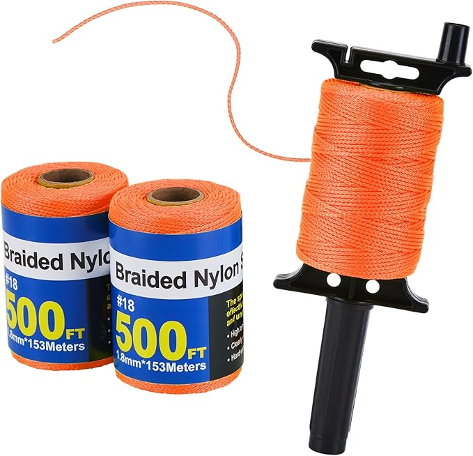 3 Roll Mason Line String Line - #18 Braided Nylon String - 500 Ft Length - Nylon with Reloadable Line Reel Twine for Gardening Or Masonry Tools - Perfect Construction String (Orange)