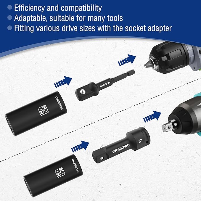 WORKPRO 20-Piece 1/2竊?Drive Deep Impact Socket Set, 6-Point, Cr-V Steel, 10-27mm, Universal Joint, Adapter and Extension Bar, SAE