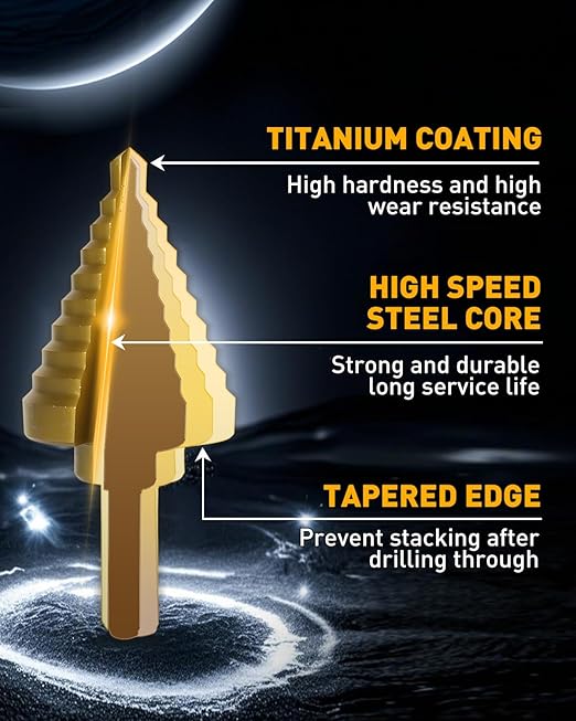 COMOWARE Step Drill Bit for Metal, Titanium Coated, Double Cutting Blades, High Speed Steel, Short Length Drill Bit, Total 10 Sizes from 1/4??to 1-3/8", for Steel Sheets Aluminum Copper Plastic Wood