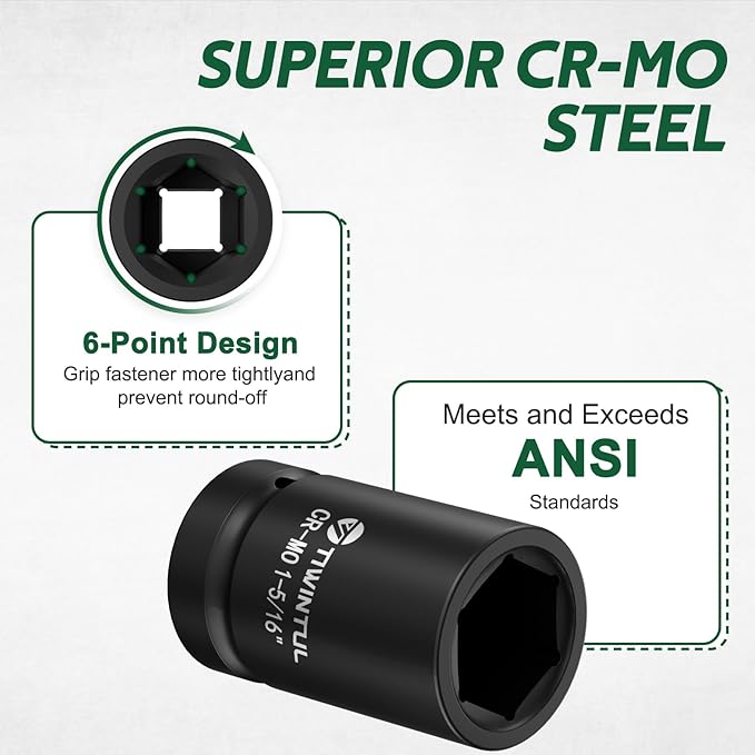 1-5/16" Impact Socket 1" Drive, 6 Point Design, CR-MO Axle Nut Socket, ANSI Certified, Heavy Duty Socket 1 Inch Drive for Truck, Trailer, Industrial & Fleet Maintenance