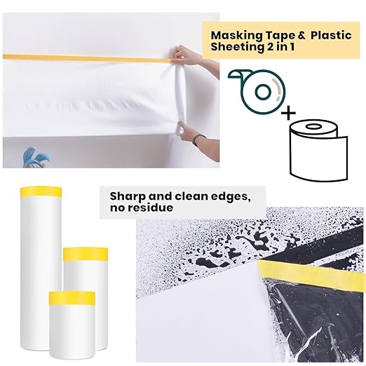 ADHES Pre Taped Masking Film with Adhesive Edge, 55 inch x 108 feet, 3 Rolls No Residue Masking Tape for Painting, Automotive, and DIY Projects Tape and Drape for Floor Furniture Protection