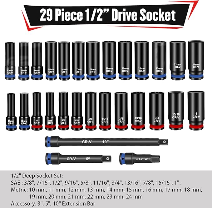 YIYITOOLS 1/2 Drive Socket Set, 29-Piece Deep Impact Socket Set, Standard SAE (3/8"- 1"), Metric (10mm-24mm) Sockets with 3", 5", 10" Impact Extension Bar, Cr-V Steel, Colored Groove
