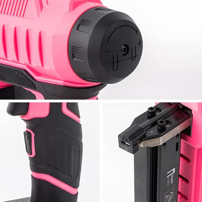 BHTOP 20V Cordless Brad Nailer竊냆tapler, 18 Gauge 2 in 1 Stapler Kit, Heavy Finish Nail Gun with 2.0A Rechargeable Battery, Charger, 2500 Brad Nails and 500 Staples in Pink