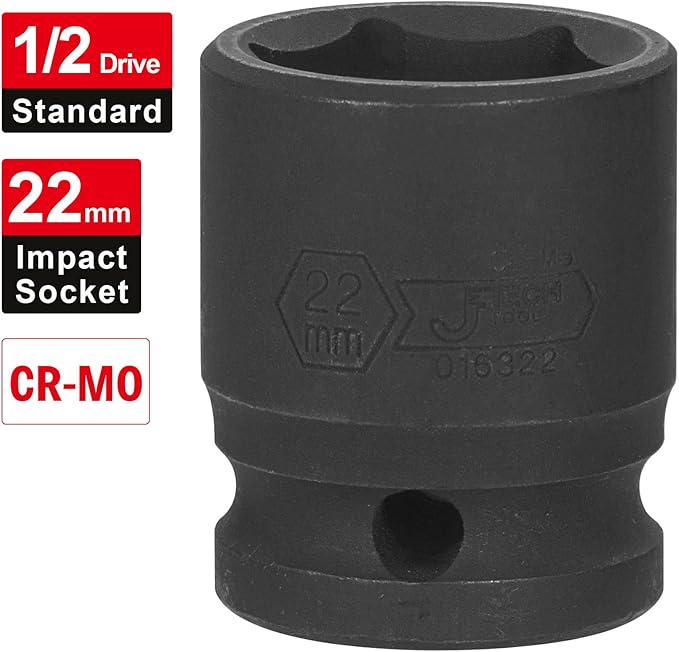 Jetech 1/2 Inch Drive 22mm Standard Impact Socket, Chrome Molybdenum Alloy Steel, 6-Point Design, Metric Socket for Automotive Maintaince
