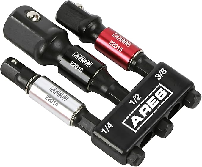 ARES 22011-3-Piece 3-Inch Impact Grade Socket Adapter Set with Color Sleeve - Turns Power Drill into High Speed Nut Driver - 1/4-Inch, 3/8-Inch, and 1/2-Inch Drive