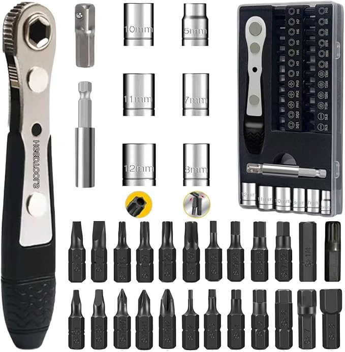 36in1 Right Angle Screwdriver Set 1/4 Mini Ratchet Wrench S2 Magnetic 1/4 Bits 90 Degree Offset Screwdriver Metric/SAE Allen Bits Dedicated to Small Spaces Home&Outdoor Portable Tools