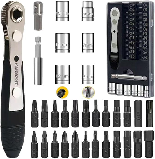 36in1 Right Angle Screwdriver Set 1/4 Mini Ratchet Wrench S2 Magnetic 1/4 Bits 90 Degree Offset Screwdriver Metric/SAE Allen Bits Dedicated to Small Spaces Home&Outdoor Portable Tools