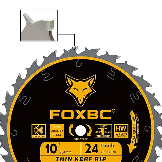 FOXBC 10-Inch Thin Kerf Ripping Table Saw Blade for Wood Cutting, 24-Tooth FTG, 5/8-Inch Arbor