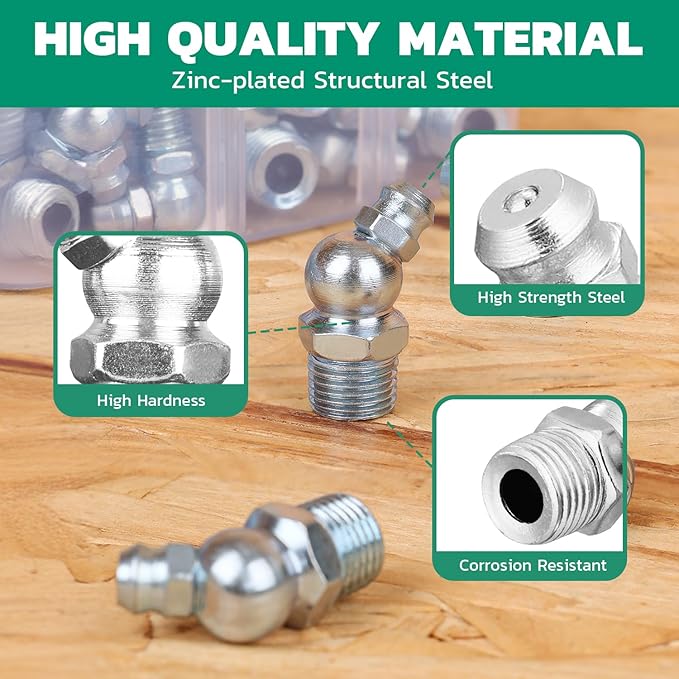 50PCS M10 Grease Fittings Kit, METRIC Zerk Grease Fittings Straight with Grease Fitting Caps & Wrench Kit(10mm) for Grease Gun