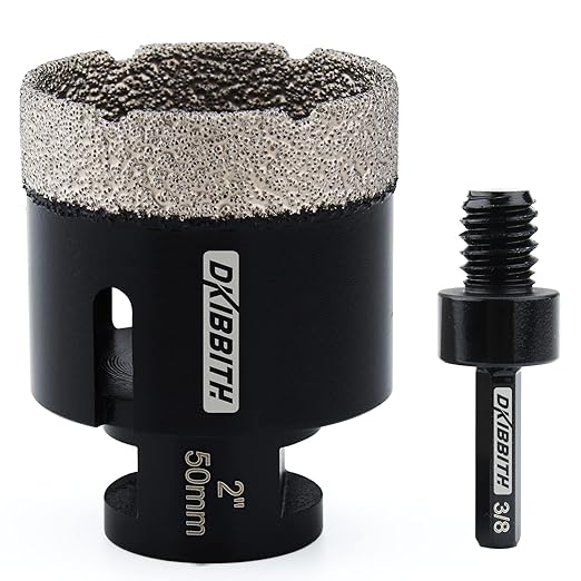 DKIBBITH Dry Diamond Core Drill Bits, 2 Inch Tile 50mm Vacuum Brazed Angle Grinder Hole Saw for Porcelain Ceramic Granite Brick Concrete with 5/8-11 Thread to 3/8'' Hex Shank Adapter, Black