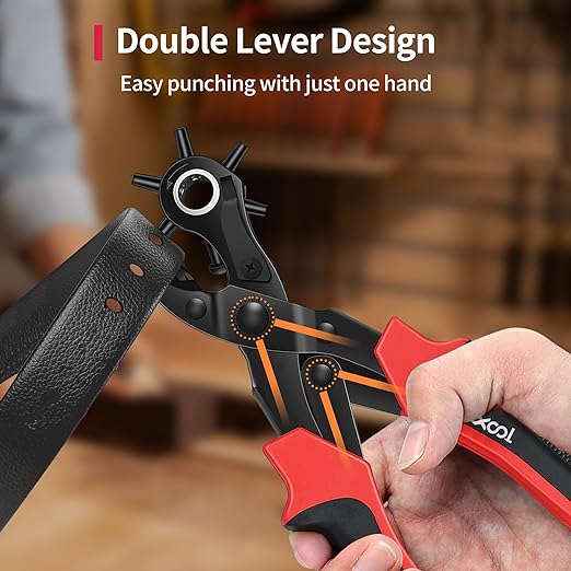 Revolving Punch Plier Kit, XOOL Leather Hole Punch Set for Belts, Watch Bands, Straps, Dog Collars, Saddles, Shoes, Fabric, DIY Home or Craft Projects, Heavy Duty Rotary Puncher, Multi Hole Sizes Make