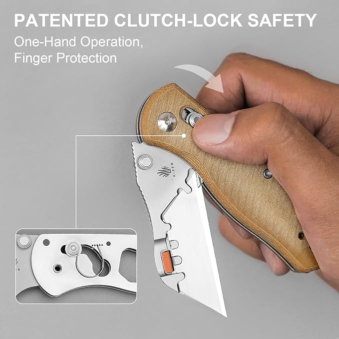 Kizer Uti Bear(Tool-Free Version) Folding Utility Knife, Quick Change Box Cutter EDC knife with 5PCS Razor Blades, Clutch Lock & Pocket Clip Small Pocket Knives for Men Women V3619JA7