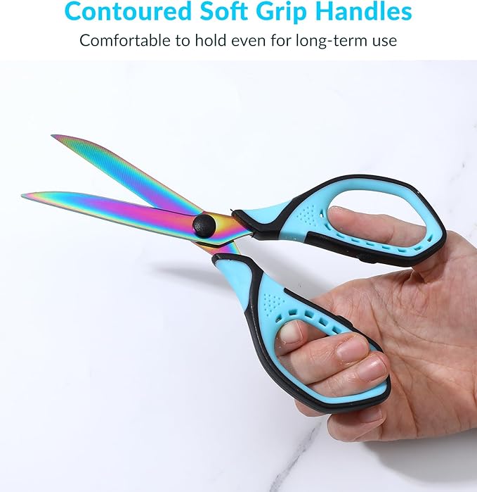 Scissors with Case, 1 Pair of Stainless Steel Titanium Coated Multi-purpose Scissors, Fabric Sewing Office Craft Soft Grip Pointed Shears Cutter for Home School Supplies (Blue & Rainbow)