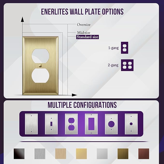 ENERLITES Duplex Receptacle Metal Wall Plate, Outlet Cover, Corrosion Resistant, Size 1-Gang 4.50" x 2.76", Stainless Steel 201, 7721-BB, Brushed Brass, Gold, Standard
