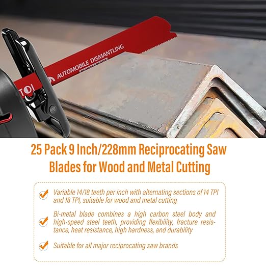 25 Pack 9 Inch 14/18 Tpi Reciprocating Saw Blades for Metal Cutting, Carbide Alloy Steel Sawzall Blades for Automobile Dismantling with 8% Cobalt for Longer Life and Faster Cutting Speed