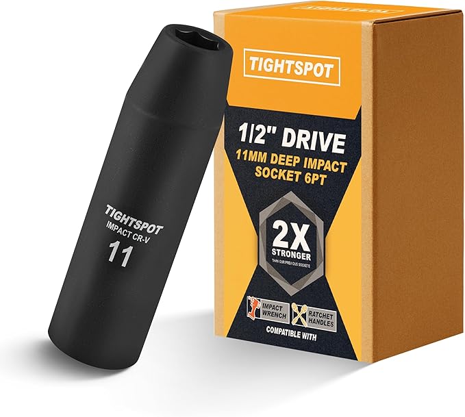 TIGHTSPOT 1/2 Inch Drive 11 mm Deep Impact Socket with Anti-Rounding 6 Point Design, Heat-Treated CRV Steel