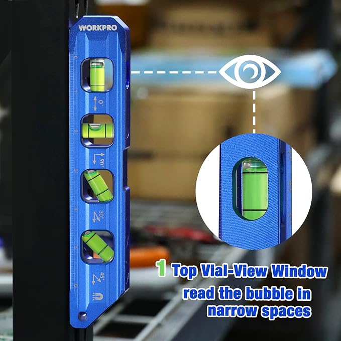 WORKPRO 8-Inch Magnetic Torpedo Level, Aluminum Alloy Construction, 4 Bubble Vials for 0째/90째/45째/30째 Measurements, Cobalt Blue