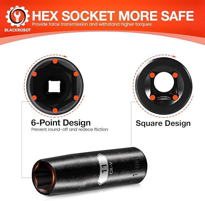 BLACKROBOT 1/2 Inch Drive 6-Point Deep Socket, 11mm Deep Impact Socket, CR-V Steel