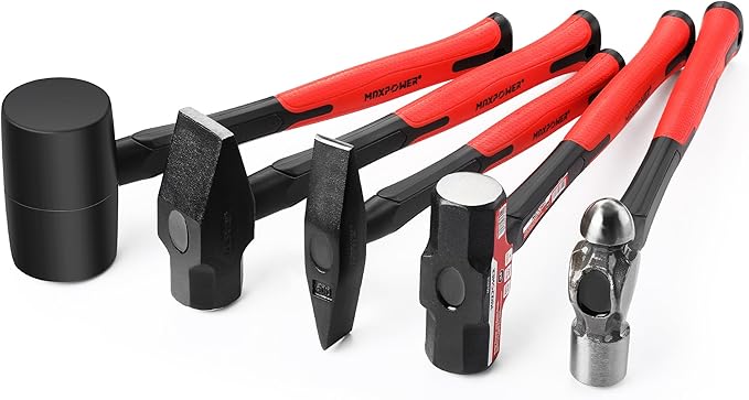 MAXPOWER 5-Piece Hammer Set - 3LB Sledge & Cross Peen, 500g Chipping, 32oz Ball Peen & 24oz Rubber Mallet