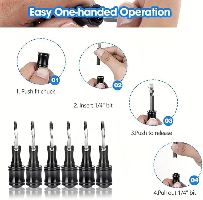 Bit Holder Keychain 6pcs - 1/4 inch Hex Shank Bit Holders - Quick Release Design for Nut Driver, Screwdriver & Drill Bits - Aluminum Alloy, Black - Include Keychain Carabiner - Gift for Men