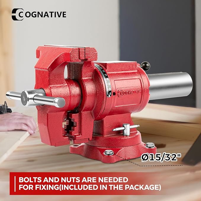 COGNATIVE Upgraded UPG 5-Inch Terminal Location Bench Vise with Ductile Iron Bench Vise 360째 Multi-Purpose Bench Vice with Anvil and Positioning Pins, Clamp force 8800lbs, Red Swivel Vise