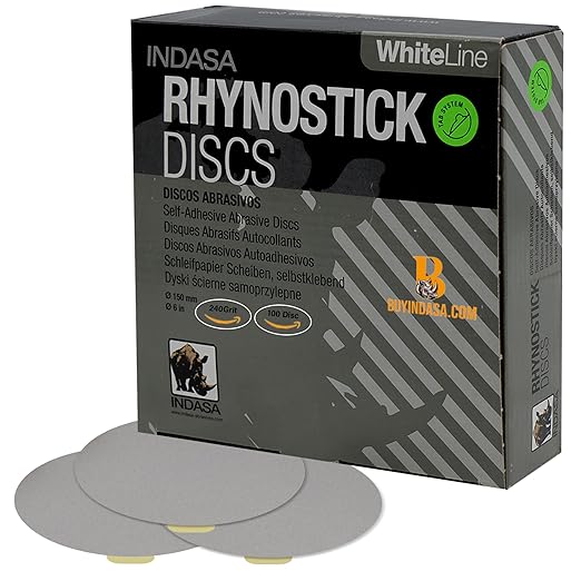 Indasa 6" 100 PCS PSA Sanding Discs ??Rhynostick 240 Grit / 100 Discs ??Self-Adhesive Sticky-Back Sandpaper for DA Sander, Automotive, Wood, Metal, Paint, whiteline