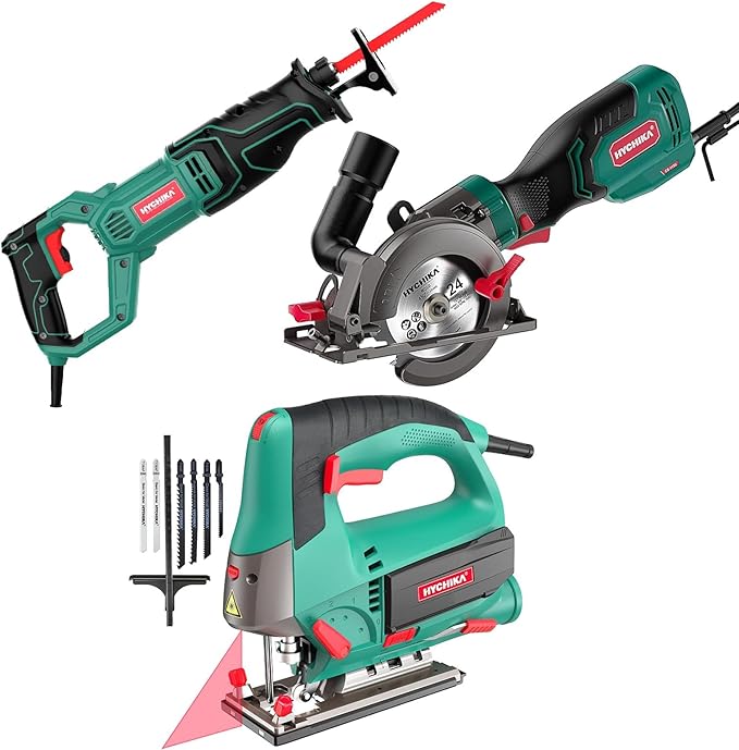HYCHIKA 6.7A JigSaw, Reciprocating Saw, 6.2A Mini Circular Saw with 3 Blades, 3-Tool Power Tool Set Combo Kit