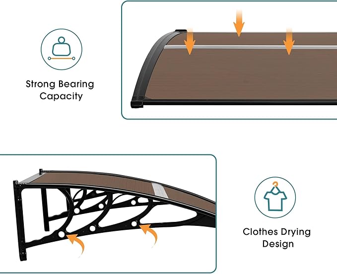 MCombo 39.8" x 37.8" Window Awning Outdoor Polycarbonate Hollow Sheet Door Patio Canopy, 6055-4040 (Brown Board with Black Bracket)