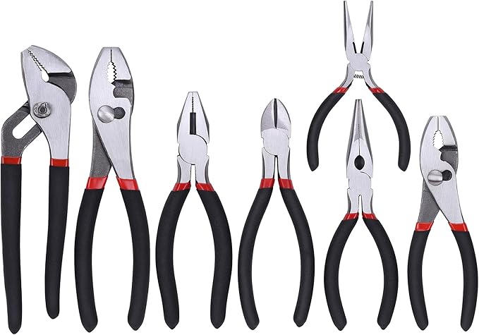 FASTPRO 7-piece Utility Pliers Set, Includes Slip Joint, Long Nose, Diagonal, Groove Joint, Linesman, and Mini Long Nose Pliers, Dipped Handle