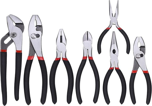 FASTPRO 7-piece Utility Pliers Set, Includes Slip Joint, Long Nose, Diagonal, Groove Joint, Linesman, and Mini Long Nose Pliers, Dipped Handle