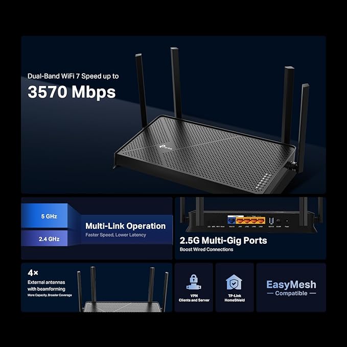 TP-Link Dual-Band BE3600 Wi-Fi 7 Router Archer BE230 | 4-Stream | 2횞2.5G + 3횞1G Ports, USB 3.0, 2.0 GHz Quad Core, 4 Antennas | VPN, EasyMesh, HomeShield, MLO, Private IOT | Free Expert Support