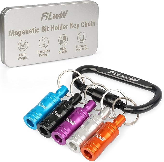 Magnetic Bit Holder Key Chain 5Pcs, Quick Release Aluminum Alloy Bit Holder For Nut Driver, Screwdriver, 1/4" Hex Shank & Round Shank Drill Bits, Christmas Gift for Men
