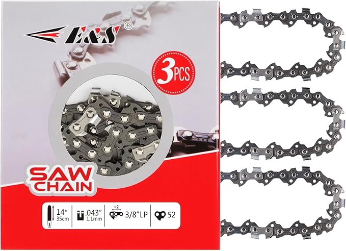 E & S 3 Pack 14 Inch Chainsaw Chain 3/8" LP Pitch .043" Gauge 52 Drive Links Semi-Chisel Chain Saw Chains for Husqvarna, Poulan, Craftsman, Greenworks and More Chainsaw Brands