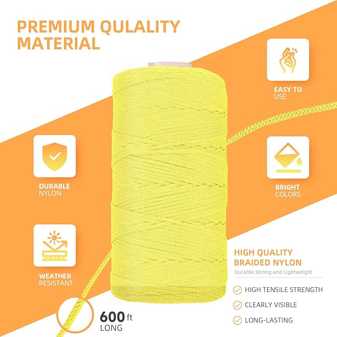 Yellow Mason Line 600 Ft #18 Braided Nylon Twine String for Masonry, Construction, Gardening & DIY Projects